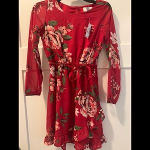 **Girls - Red floral, long sleeve, ruffle dress!**
